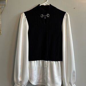 Two-Tone Black Knit Vest with White Blouse Insert - Women's Top